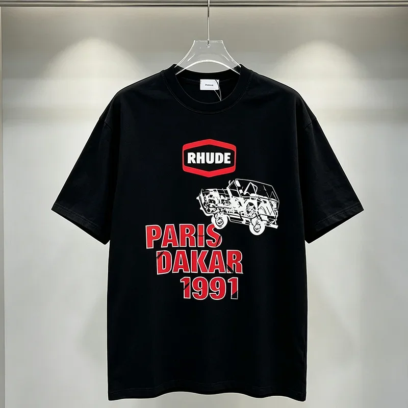 New RHUDE Mens Basic Crew Neck Tee Vintage Offroad Car Print Letter Graphic Short Sleeve Shirt