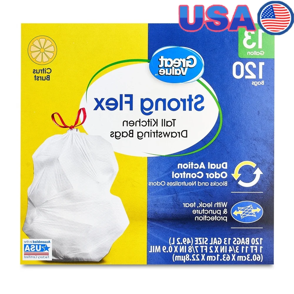 

Strong Flex Tall Кухонные мешки для мусора на шнурке с ароматом цитрусовых, 13 галлонов, 120 шт., контроль запаха, утечка, разрыв, устойчивые к проколам отходов
