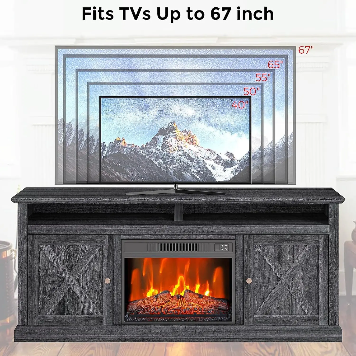 Support TV de cheminée électrique gris, compatible avec les téléviseurs jusqu'à 65 pouces, style ferme, insert de cheminée électrique de 23 pouces, étagères de rangement ouvertes