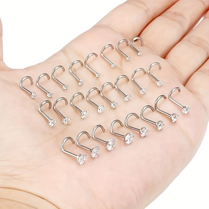 8pcs 20G acero quirúrgico cristal CZ nariz Stud Bend / L-forma cíbica anillos de nariz de zirconia Nostril perforación joyería para mujeres y hombres