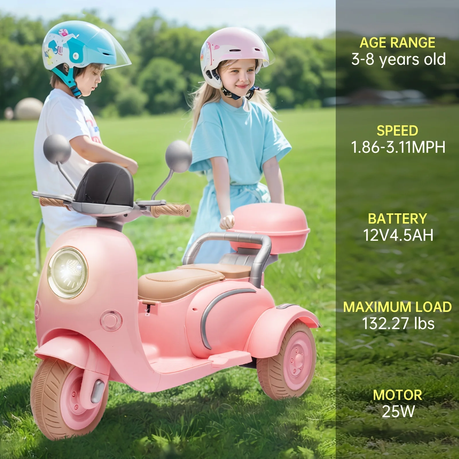 12-V-Zweisitzer-Kinderspielzeug zum Aufsitzen mit elektrischem Motorrad, dreirädriges Kinderspielzeug mit langsamer Start, Multifunktions-Player, USB, Licht