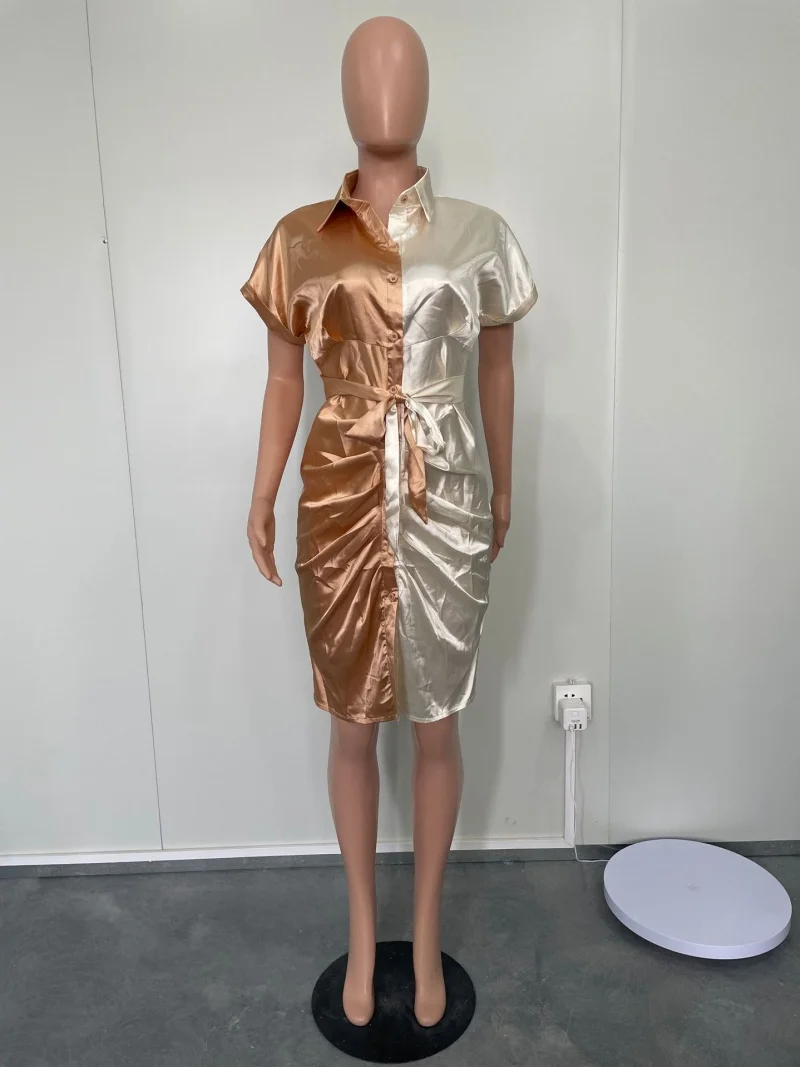 Robe chemise en Satin de couleur contrastée, Streetwear, vêtements d'été pour femmes, manches courtes, moulante, mi-longue, tenue décontractée