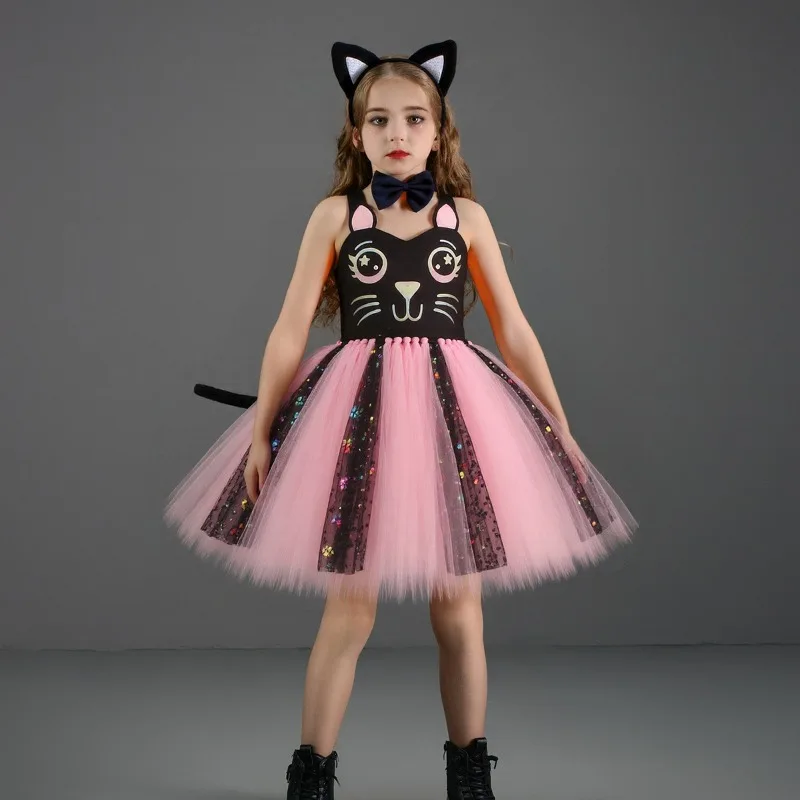 Niedliches rosa-schwarzes Katzenkleid für Kinder, Cosplay-Tutu-Rock, Tanzkostüm, Ohren, Schleife, Schwanz, Mädchen-Performance-Outfit, Geburtstagsparty-Outfit, Geschenk – Detail 4