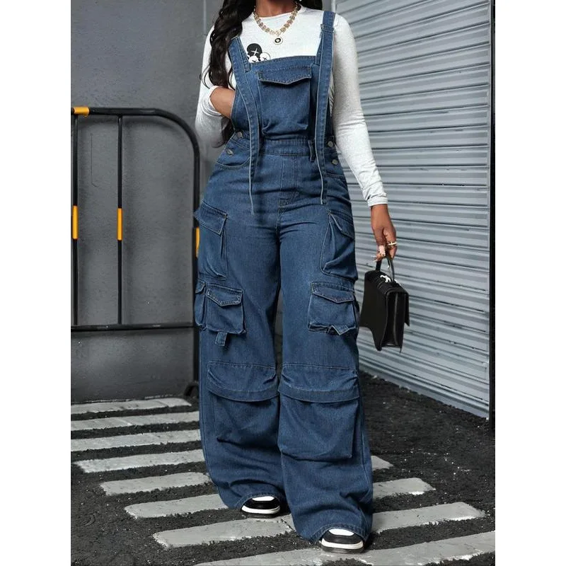 

Модный джинсовый комбинезон с регулируемыми бретелями, высокой талией и широкими штанинами, летний свободный крой для женщин