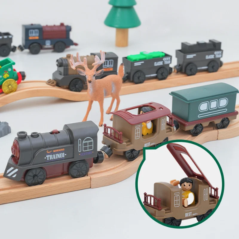 ใหม่ชุดรถไฟไฟฟ้าใช้งานร่วมกับ Thomas รถไฟไม้รถไฟของเล่นสําหรับเด็กของขวัญวันเกิดคริสต์มาส