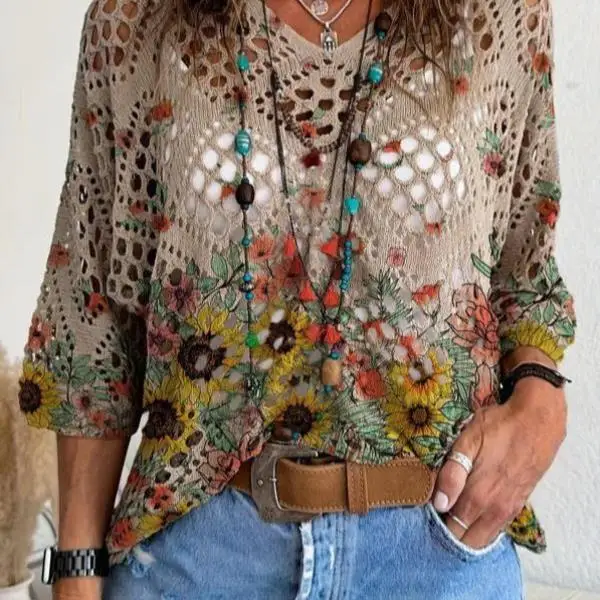 

Men's Knitted Print T-irt Women's Bat Flower Print Knitwear Collar Nine Sve Length Thiened Coolmax Fiber Ciwalk