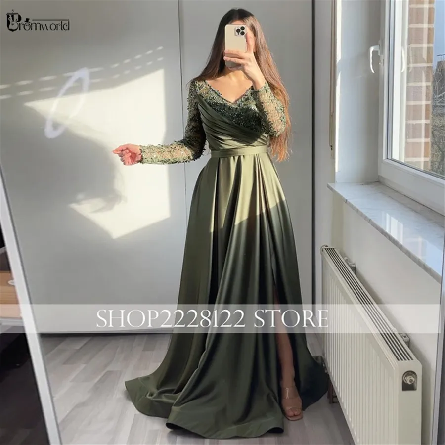 Olive Green Elegant Evening Dresses for Women A-Line Satin Party Dress Long Sleeves V-Neck Lace Beaded Formal Prom Gown