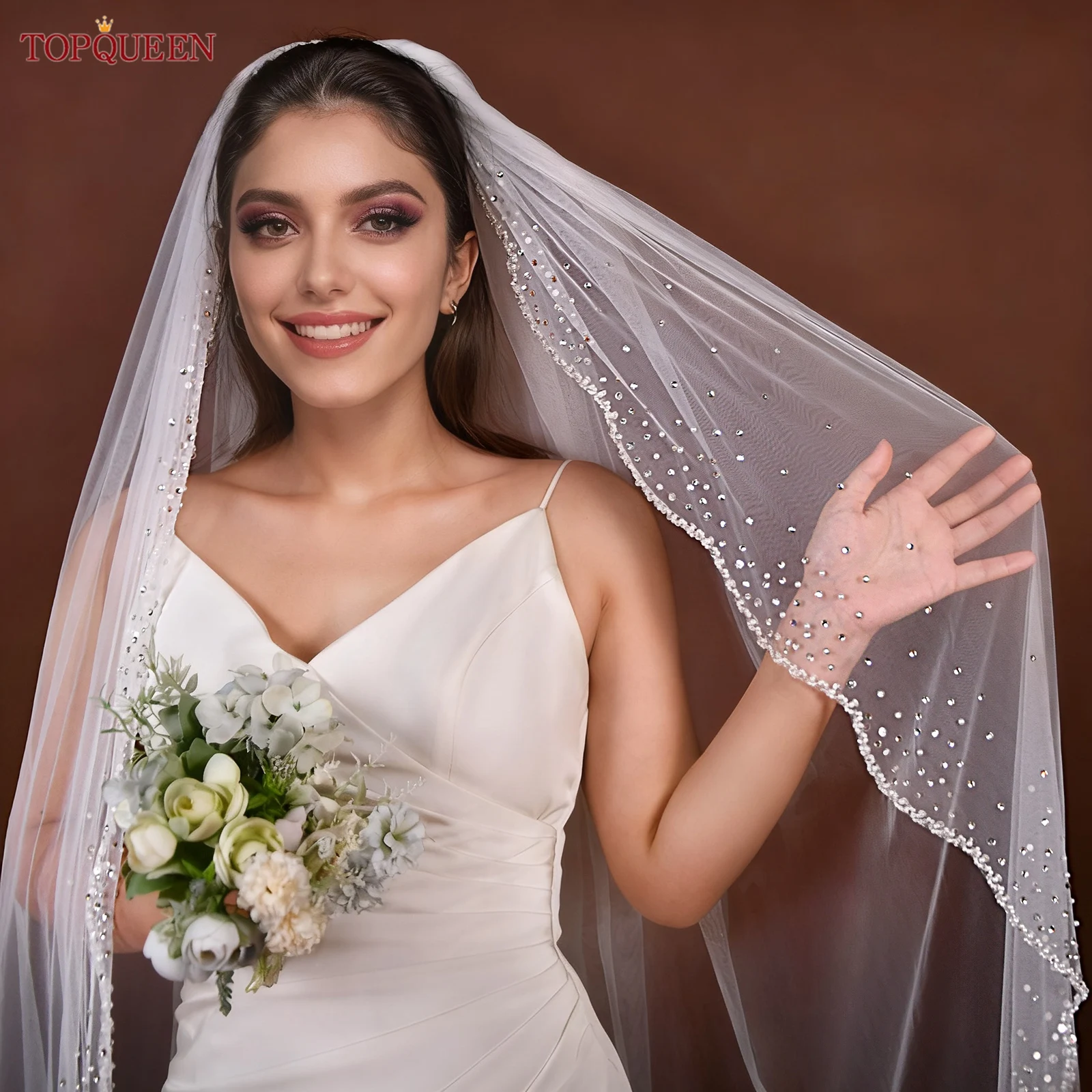 TOPQUEEN V322 Crystal Wave Edge Bridal Wedding Veil With Rhinestone Cathedral 2025 1 Layer Wedding Hair Accessories Customizable