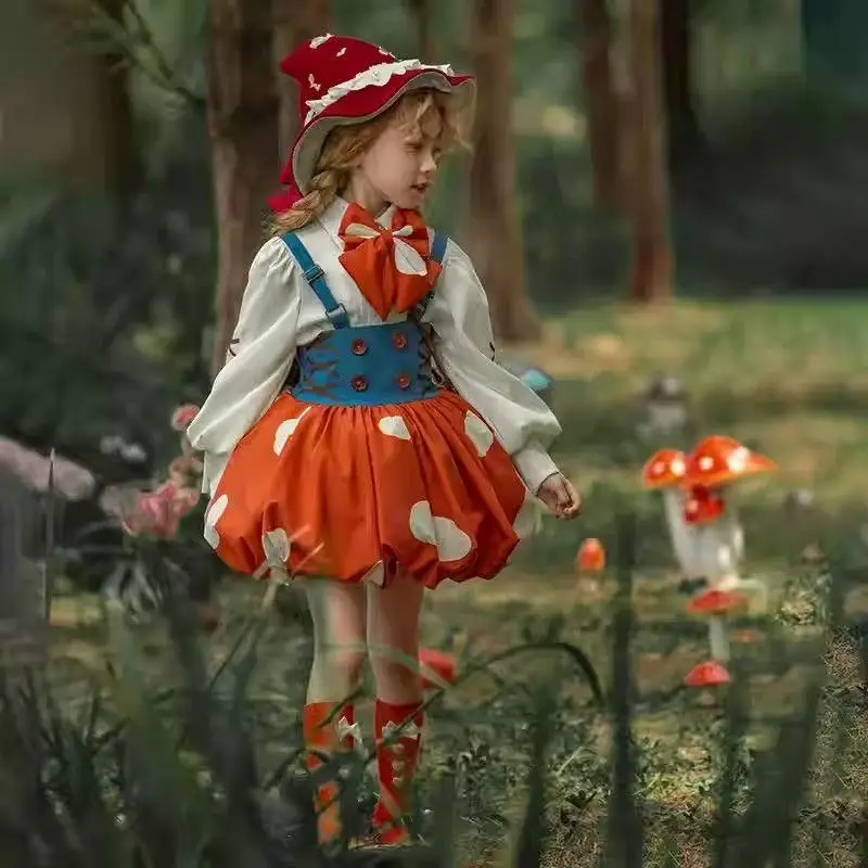 Girls' Lolita Green Leaf Fairy Tale Forest Cartoon Mushroom Lolita Set Daily Flower Bud Cake Skirt