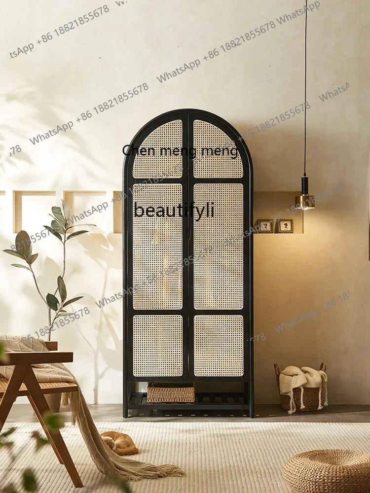 

178Nordic Solid Wood Rattan Storage Cabinet Vintage B & B Arch Dome Vertical Hinged Door Storage Wardrobe