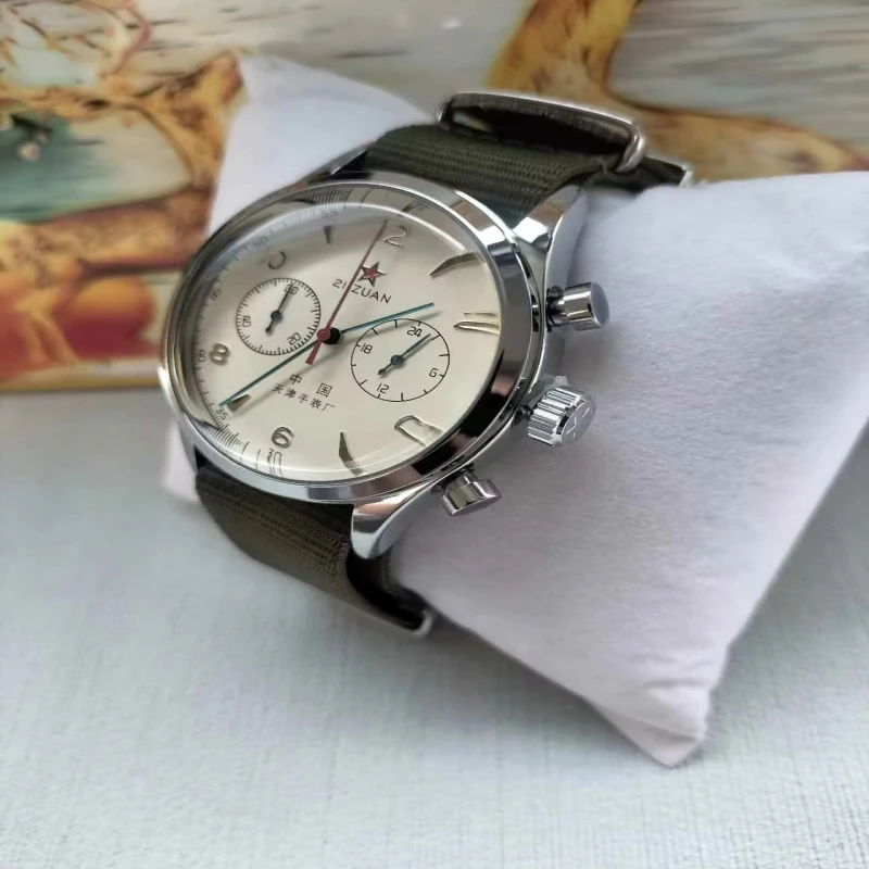 Vintage 1963 China Aviation 21 Zuan Pilot Watch,42mm Quartz Chronograph Waterproof Military Men Wristwatch Nylon Strap