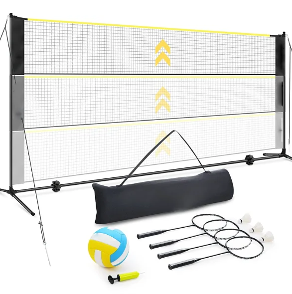 

5.1ft-7.4ft Adjustable Height Volleyball Badminton Pickleball Net Set Freestanding Rackets Set Outdoor