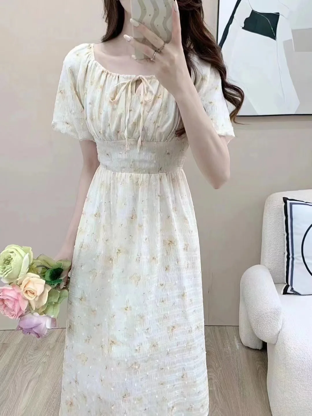 

French Floral Dress For Women's Summer 2024 New Square Neckline Chiffon Stunning First Love Feeling Gentle Style Long Skirt