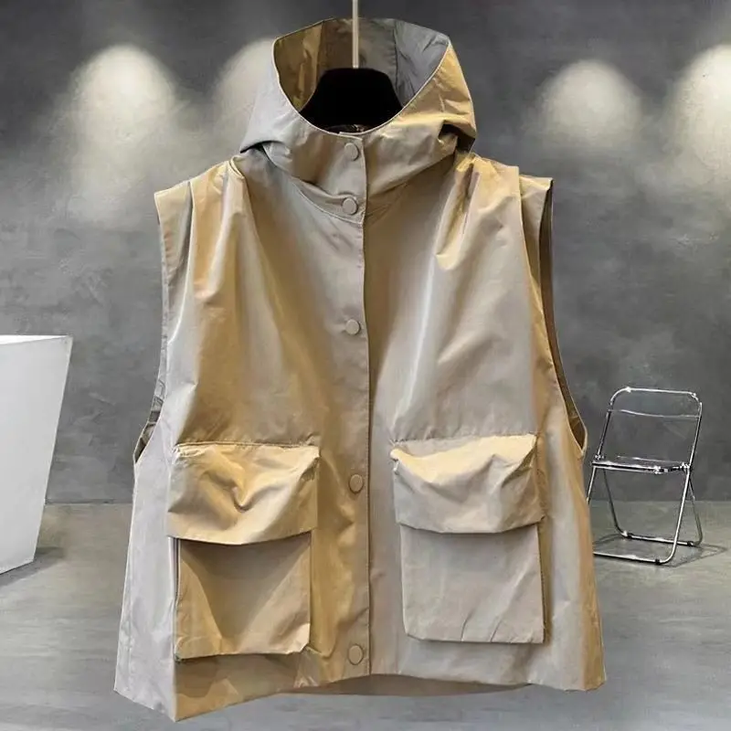 Solid Loose Hooded Trend Vest Spring Summer Sleeveless Pocket Patchwork Street Casual T Shirt Tops Fashion Korean Men Clothing
