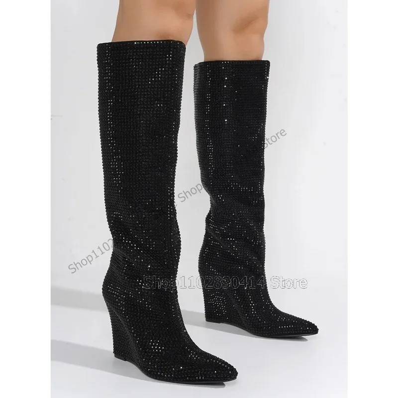 

Black Silver Rhinestone Decor Pointed Toe Boots Knee High Women Shoes Wedges Heels Sexy Fashion Runway 2023 Zapatos Para Mujere