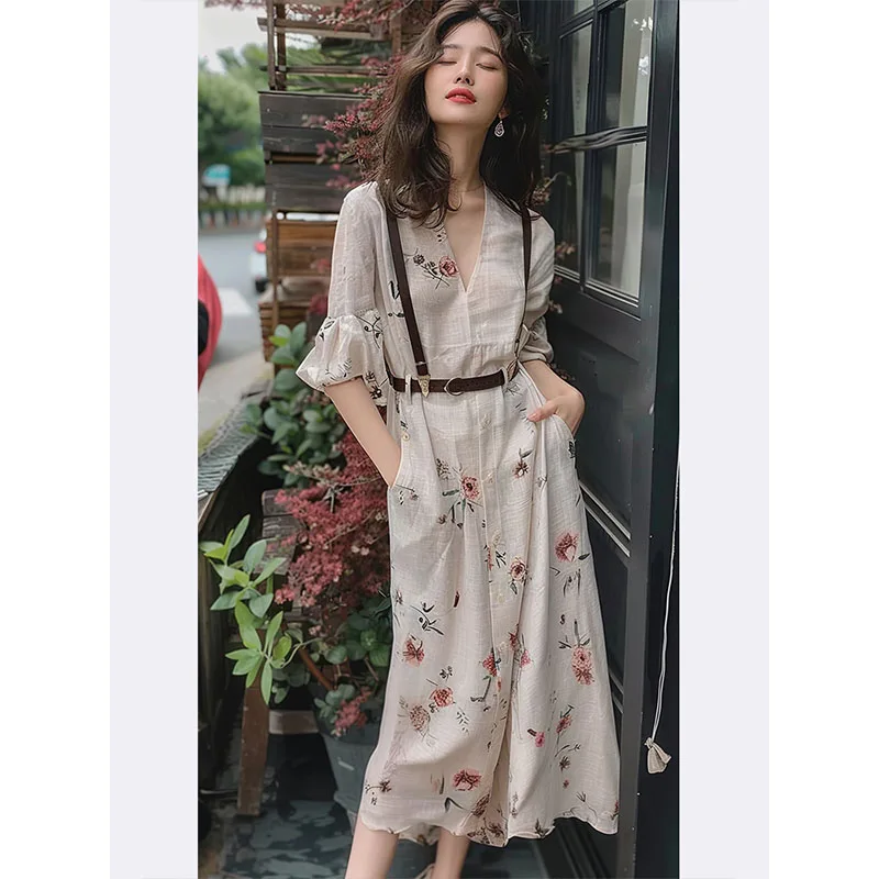 

Elegant White Floral Linen Dress Tea Break High Waist A-Line Skirt V-Neck Long Dress Spring 2025 New Holiday Style
