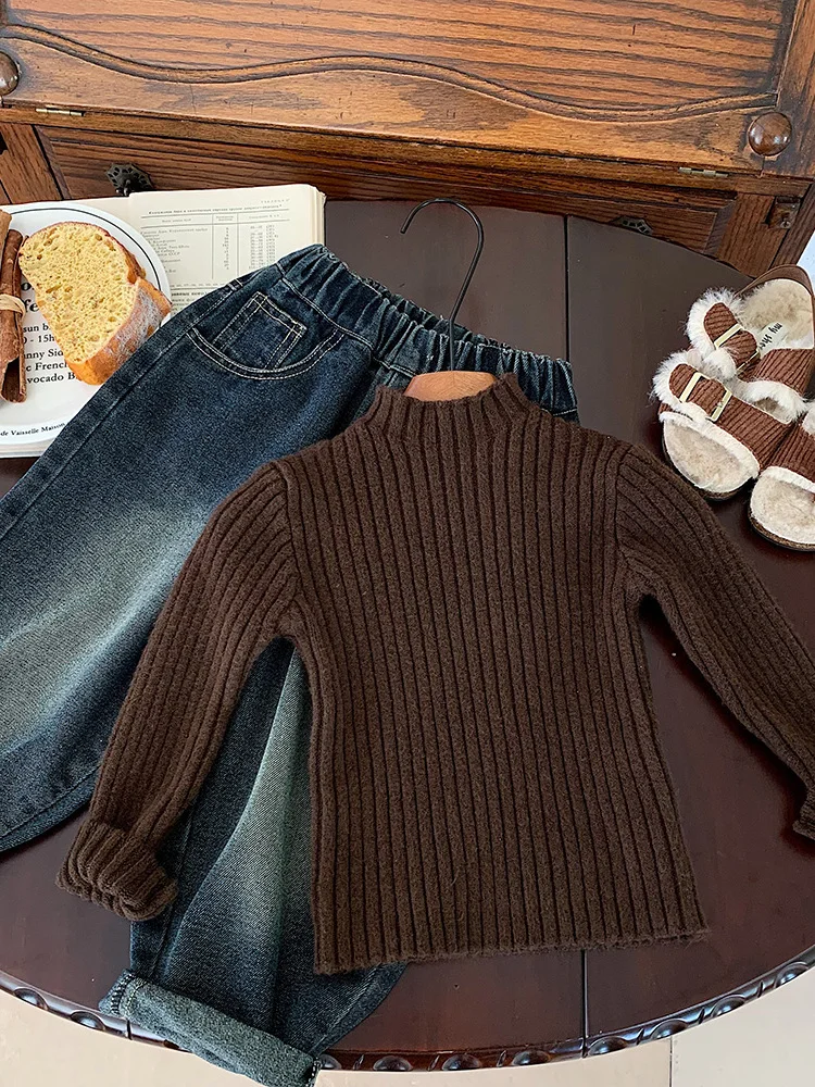 ملابس داخلية تريكو للأطفال ملابس خارجية للأطفال لون نقي للخريف والشتاء ملابس أطفال متعددة الاستخدامات ملابس كورية