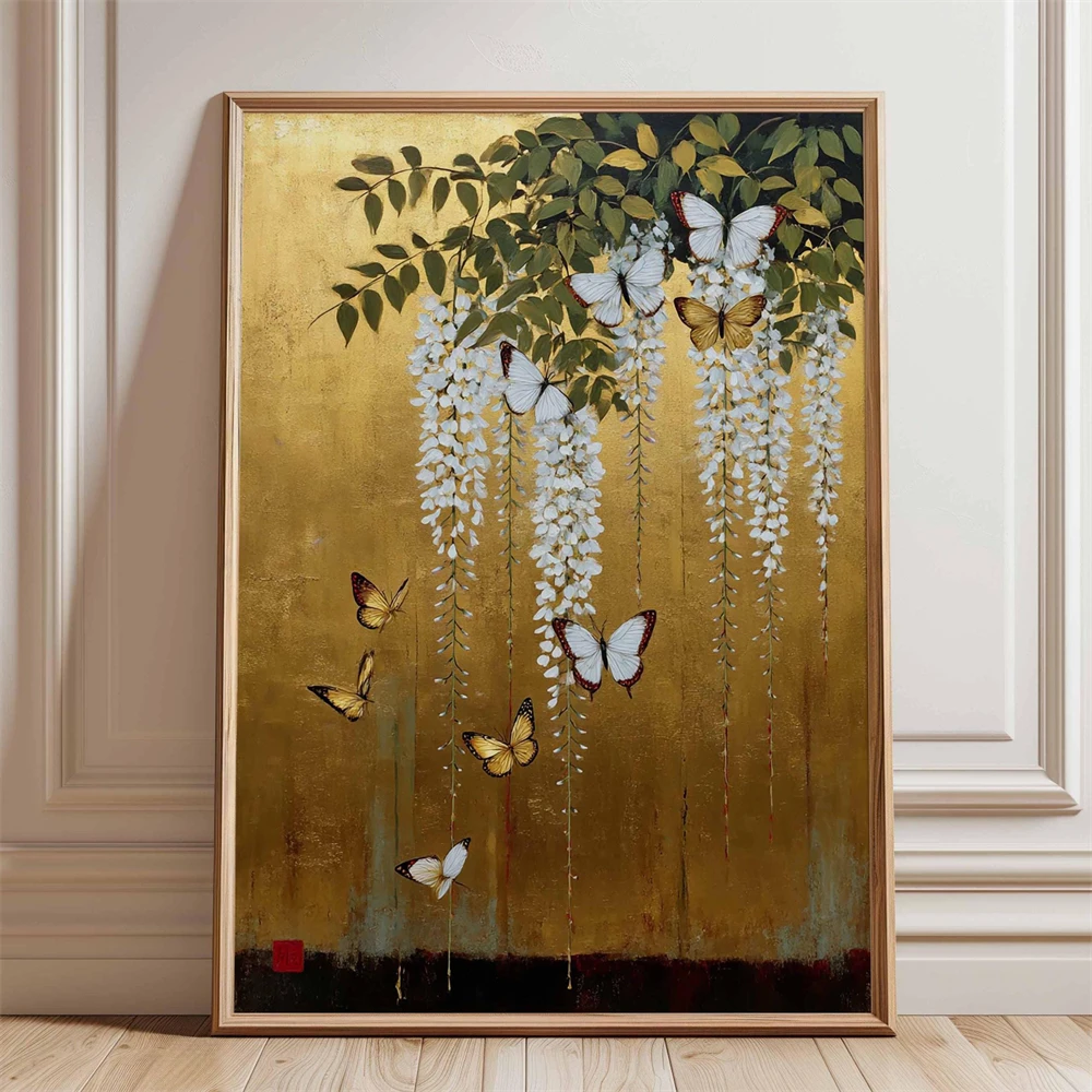 Butterfly Poster Golden Monarch Illustration with Bamboo Asian Inspired Art Prints Japanese Floral Gold Poster Vintage Botanical