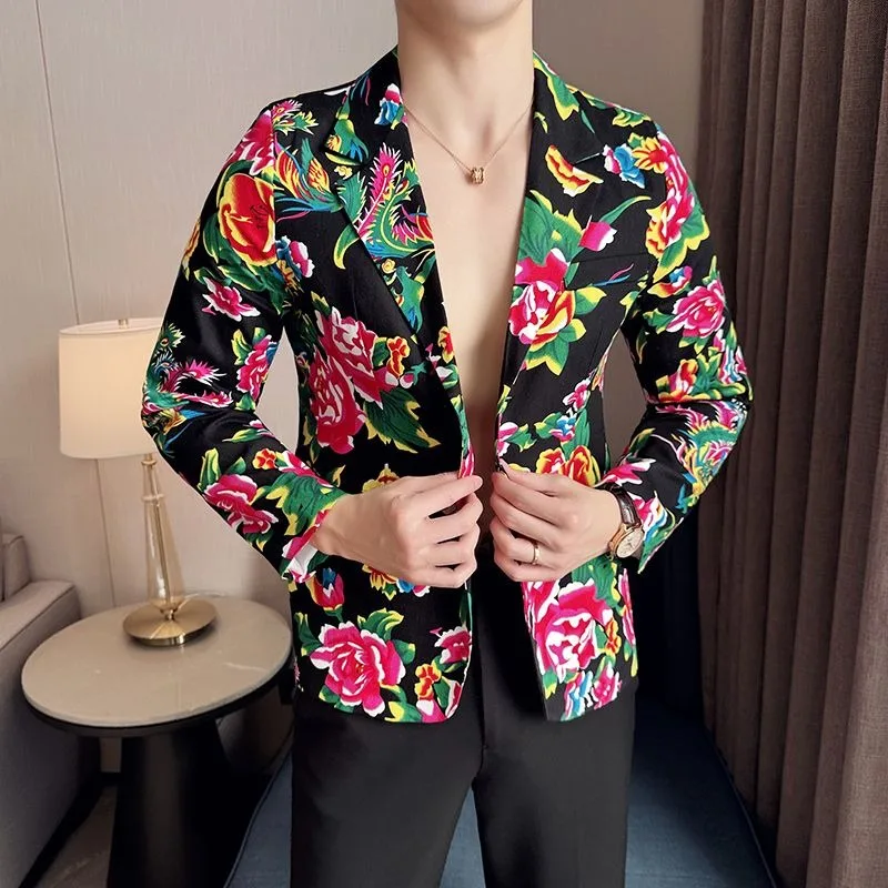

Personalized Trousers Northeastern Large Flower Top Casual Suit Set Men Color-blocking Suit Fashionable Complete Set Personality