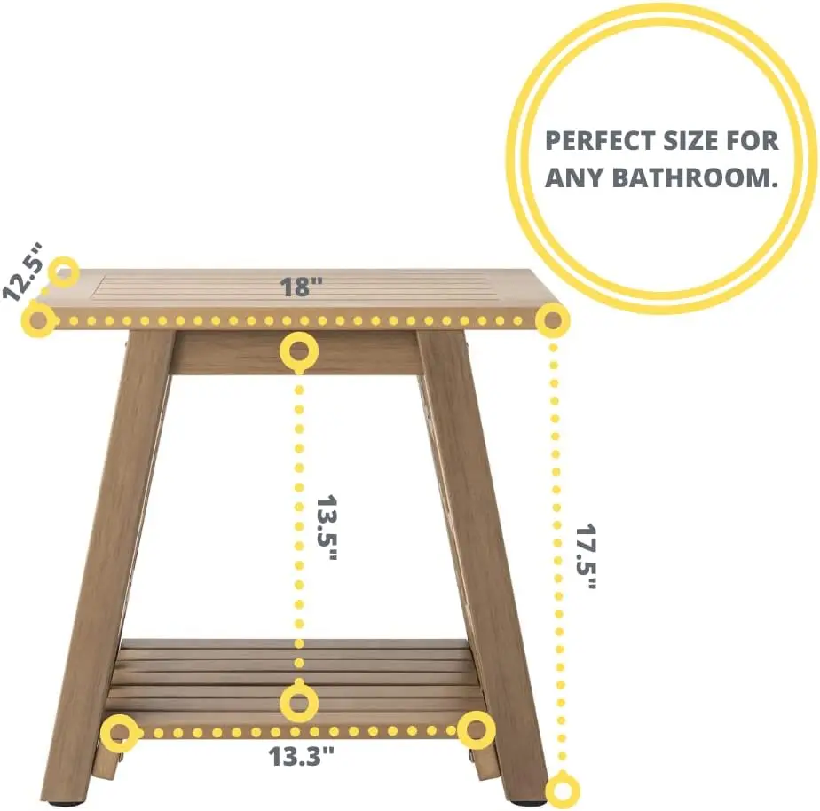 Waterproof Shower Bench With Storage Shelf, Brown, Wood-Looking Plastic Frame, Adjustable Feet, 18-Inch Corner Seat, Ideal For