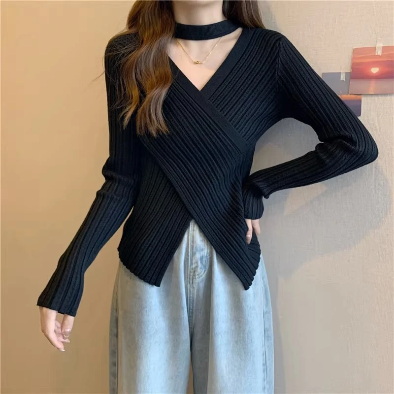 Khaki Asymmetric Knitted Bottoming Tops Woman 2024 Spring Long Sleeve Sexy Hallow Out Halter Sweater Shirt Clothes