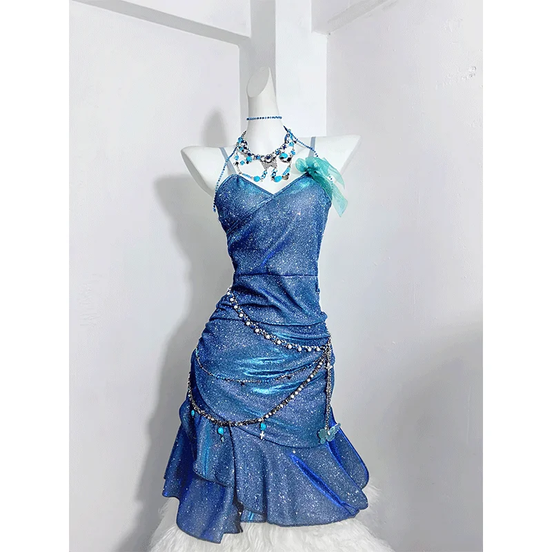 

Dress Blue Sea Glitter Suspender Princess Sexy Hip-Hugging Fishtail Dress Stunning Little Skirt For Women