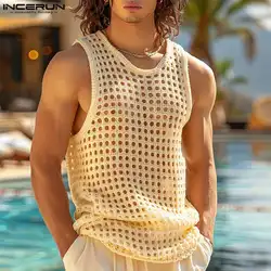 INCERUN Tops 2024 American Style Fashion Men Vacation Style Hollow Mesh Vests Sexy Casual Summer Male Sleeveless Tank Tops S-5XL