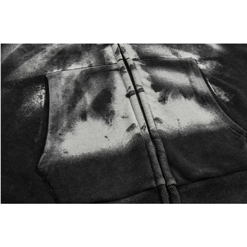 Trendy Vintage Washed Skeleton Print Zip-up Hoodie Fashion Autumn-Winter Warm Plush Hooded Cardigan New Skeleton Pattern Jacket