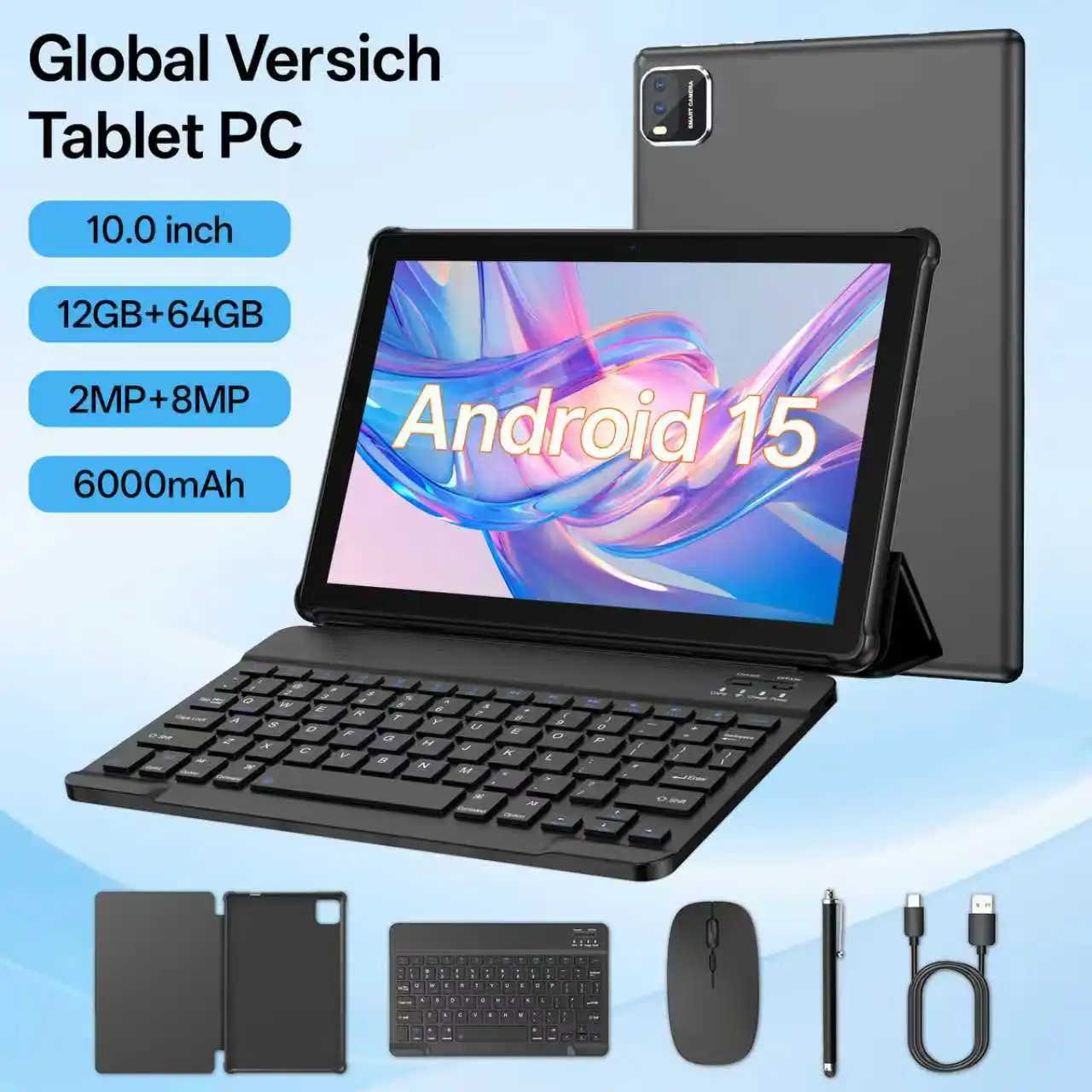 تابلت Android 15 مقاس 10 بوصات، وذاكرة وصول عشوائي 12 جيجابايت (3 جيجابايت + 9 جيجابايت قابلة للتوسيع) + تخزين 64 جيجابايت، يدعم توسيع تخزين 600 جيجابايت، وواي فاي 5 جيجابايت، وكاميرا مزدوجة