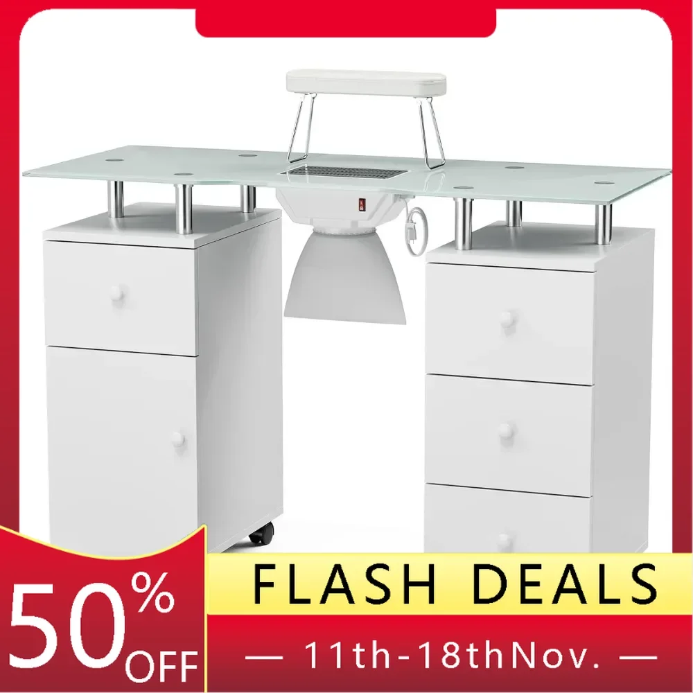

Manicure Table with Glass Top, Foldable Arm Rest, Lockable Wheels, Storage Drawers for Nail Tech - White