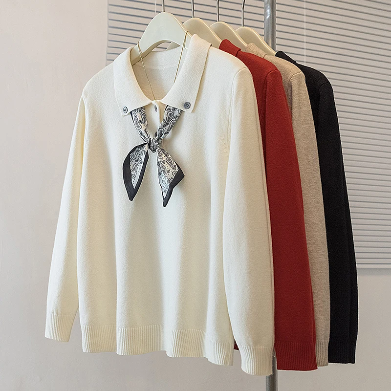 Stylish Women Sweater Pullovers Polo Collar Jacquard Long Sleeve Tops 2025 Autumn Elegant Fashion Chic Ladies Jumpers Knitwear