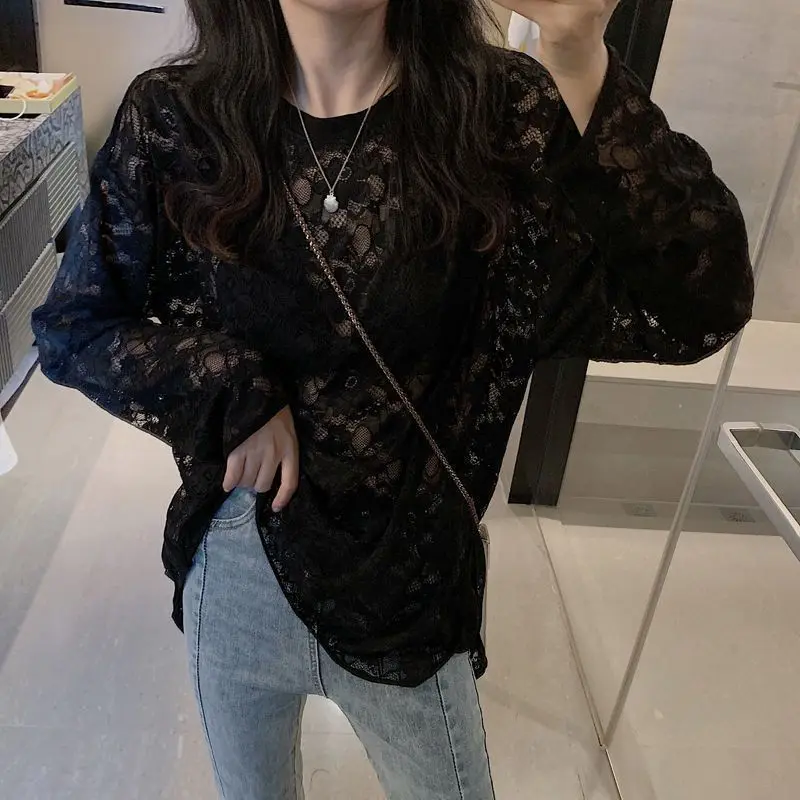 Women\'s 2024 Spring Summer New Fashion Commuti Round Neck Solid Color Loose Lace Versatile Gauze Hollow Out Poncho T-shirts Tops