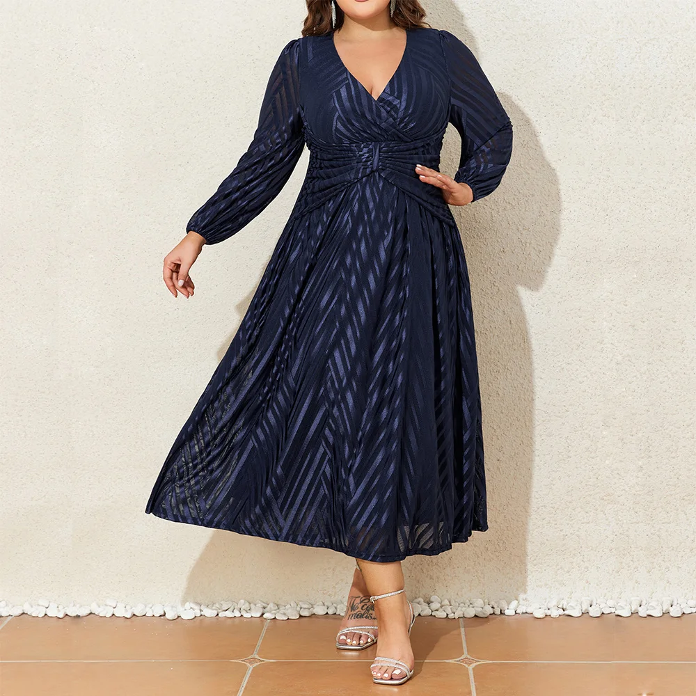 Kobiety Plus Size 1XL-6XL Lantern Long Sleeved Autumn Winter Elegant Party Night Dress Solid Fashion V Neck Formal Evening Dresses