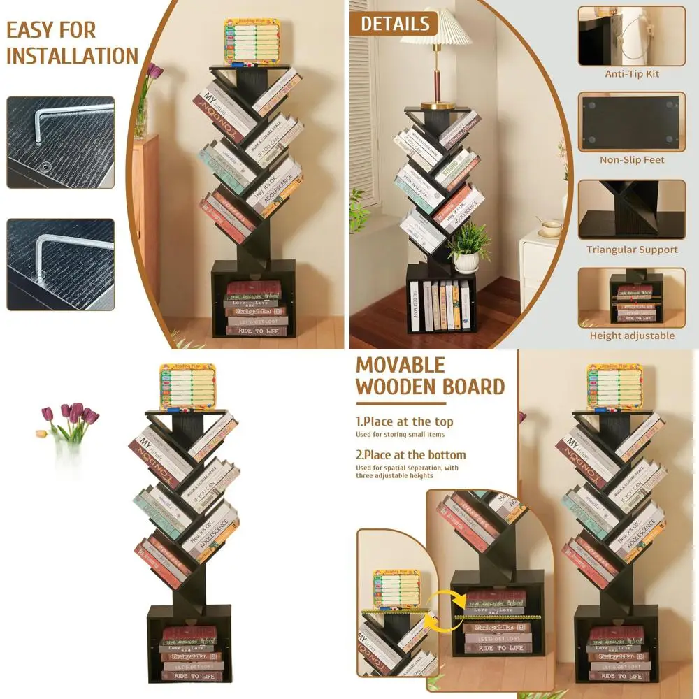 7 Tier Tree Book shelf, Small Bookcase with Reading Planner and Activity Panel, Modern Floor Standing Corner Tall Narrow Storage