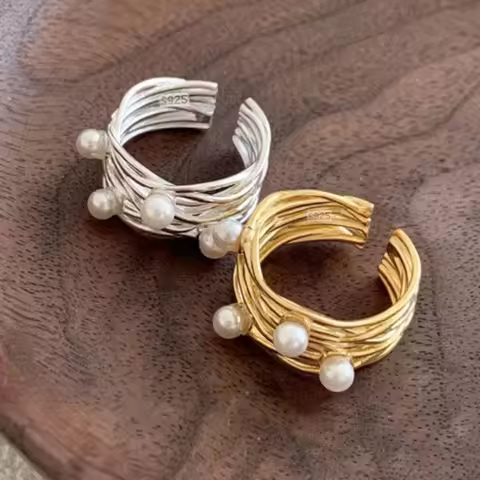 BF CLUB 925 Sterling Silver Rings For Women Open Minimalist Retro Gold Pearl Ring Creative Anillos Bague Fine Jewelry