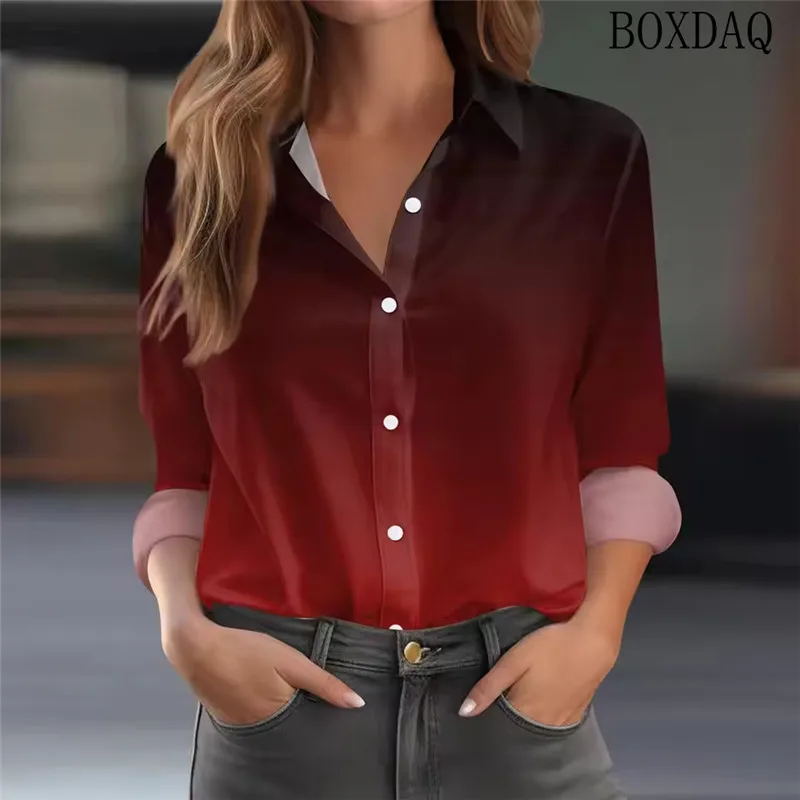 Autumn women's Casual Blouse Long Sleeved Lapel Button Gradient Print Loose Daily Office Shirts