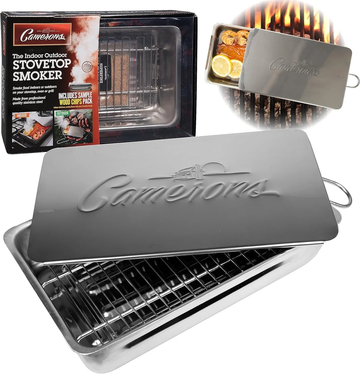 

Indoor Outdoor Stovetop Smoker - Stainless Steel Barbecue Smoker Box W/Oak Wood