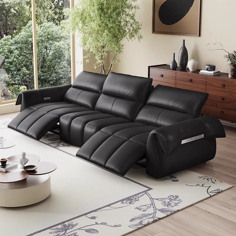 

Zero wall electric functional sofa living room three-person blackcurrant leather sofa multi-functional home