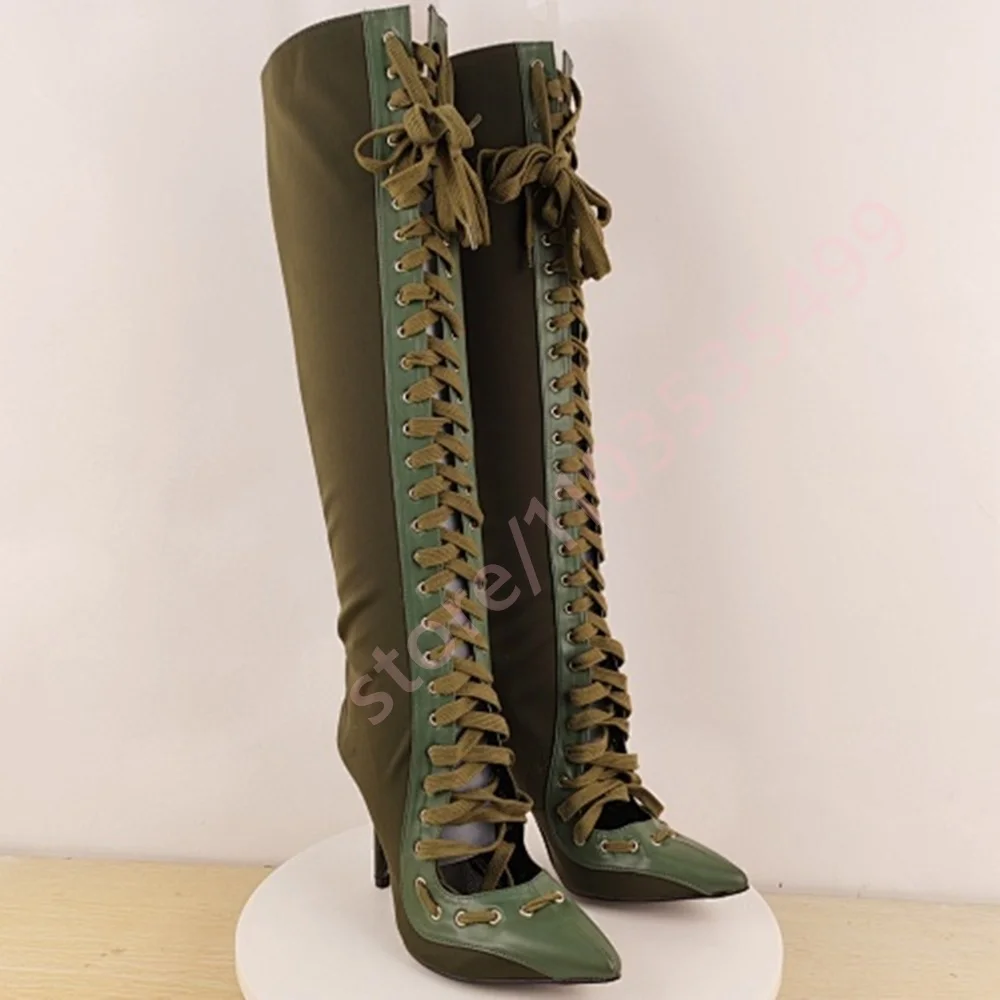 أشار تو الدانتيل متابعة مثير المرأة أحذية عالية في الركبة 2025 الخريف الرجعية المدرج خنجر الأحذية الأخضر/الرمادي حفلة حذاء طويل غير رسمي #1