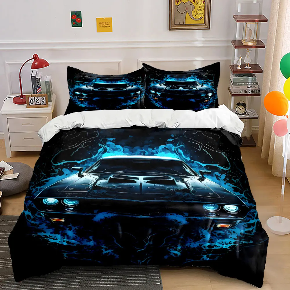 Cool Sports Car Blue Flame Pattern Bedding Set 1 Duvet Cover 2 Pillowcases for Adult and Children Luxury Gift Full Size