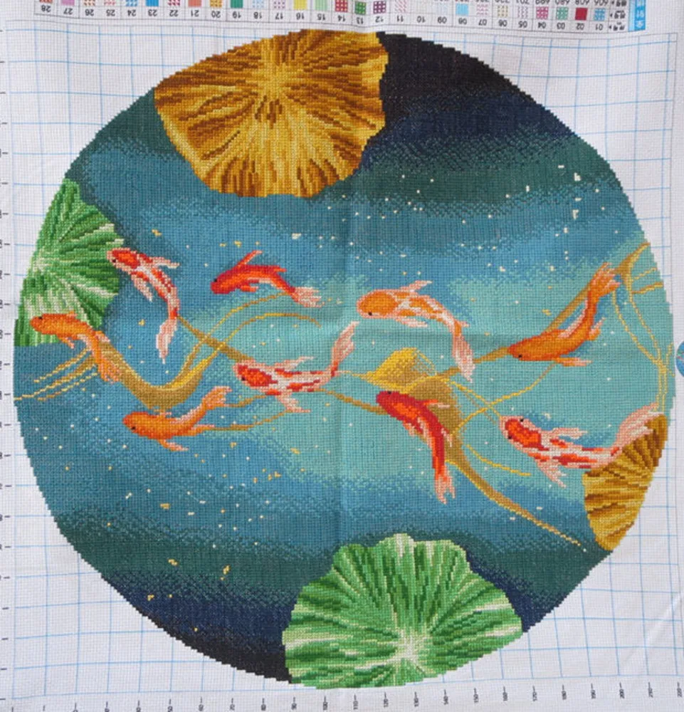 Handmade cross stitch finished product with koi blessing, nine fish gathering wealth, new landscape, living room, bedroom