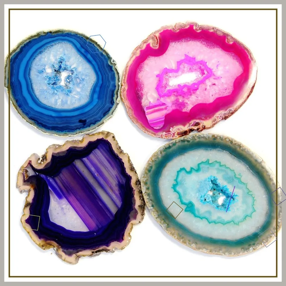 

Mixed Dyed Color Agate Coasters Set of 4 with Rubber Bumpers, Natural Geode Slices for Home Decoration