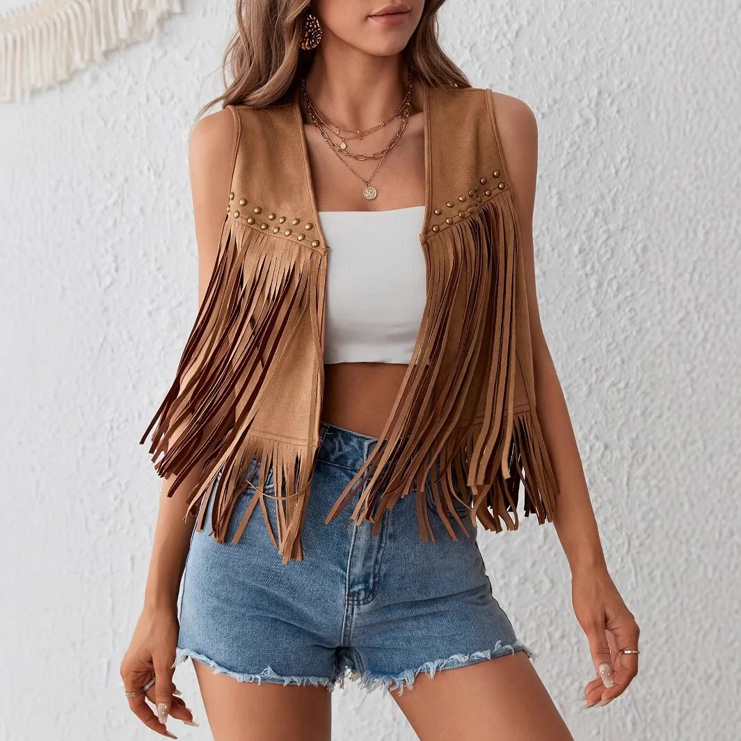 Western-style suede fringe vest with rivet detailing, short sleeveless top for layering