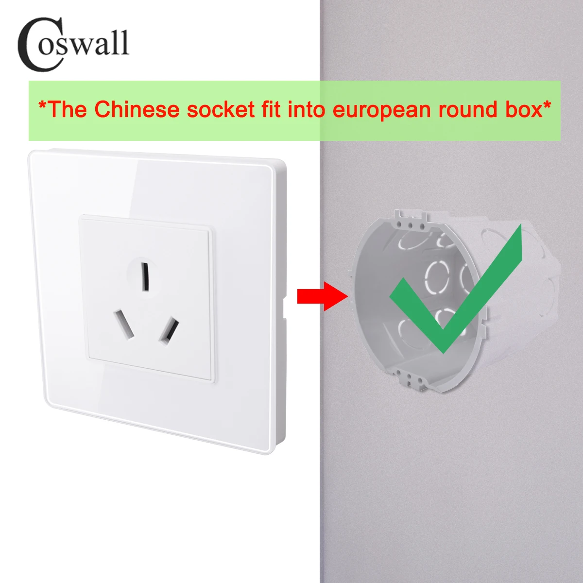 Coswall E45 Series Glass / Plastic Panel Chinese socket Grounded 16A 3 Pin Socket Fit Into European Round Box