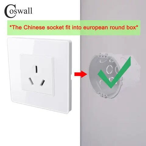 Coswall E45 Series Glass / Plastic Panel Chinese socket Grounded 16A 3 Pin Socket Fit Into European Round Box