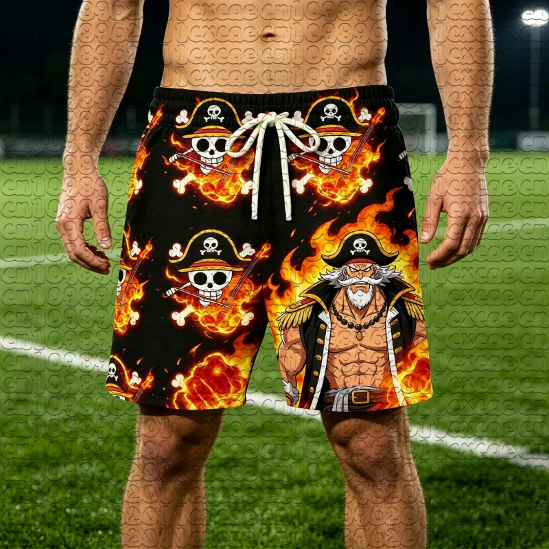 Manga Style Summer Basketball Shorts One Piece Rocks Flame Skull Print Unisex Quick Dry Drawstring Anime Sports Beach Shorts Y2k