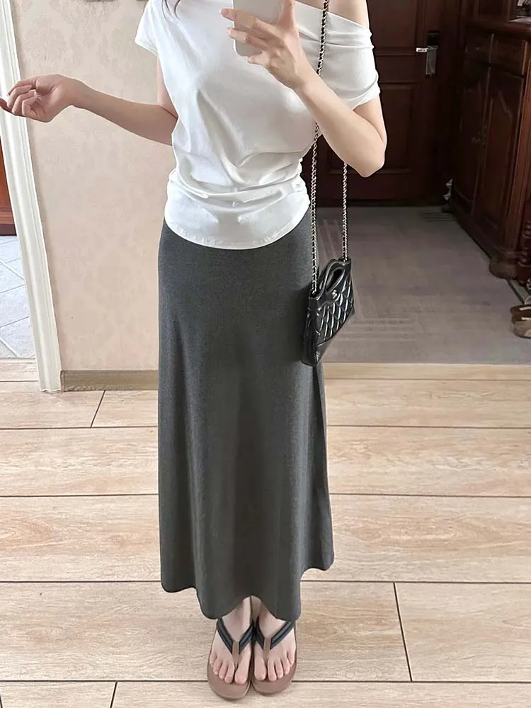 Gonna a trapezio europea leggera di dimensioni estese per donne alte Estate New Sle Versatile drappeggiato a vita alta Taglio dritto