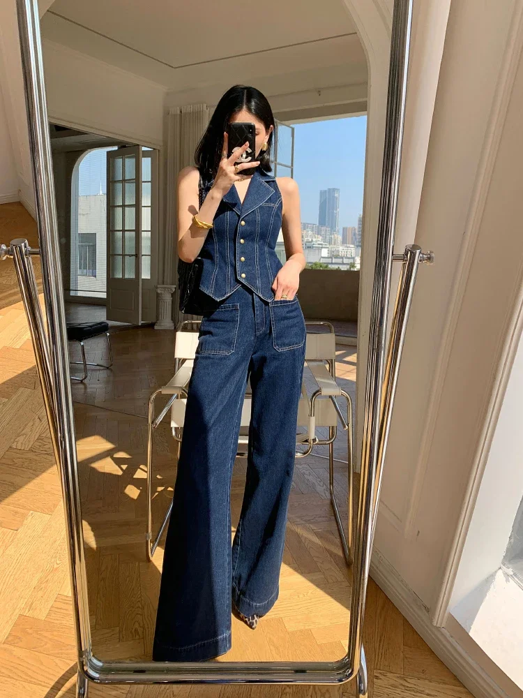 Hong Kong Style Retro Blue Denim Vest Sleeveless Tops Suit Female Summer High Waist Wide-Leg Bell-Bottoms Pants Two-Piece Set