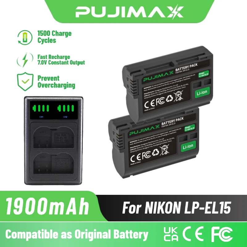 PUJIMAX EN-EL15 1900mAh Battery For Nikon Z5 Z6 Z6II Z7 Z7 V1 D500 D600 D610 D750 D780 D800 D810A D850 D7000 D7200 D7500 Camera
