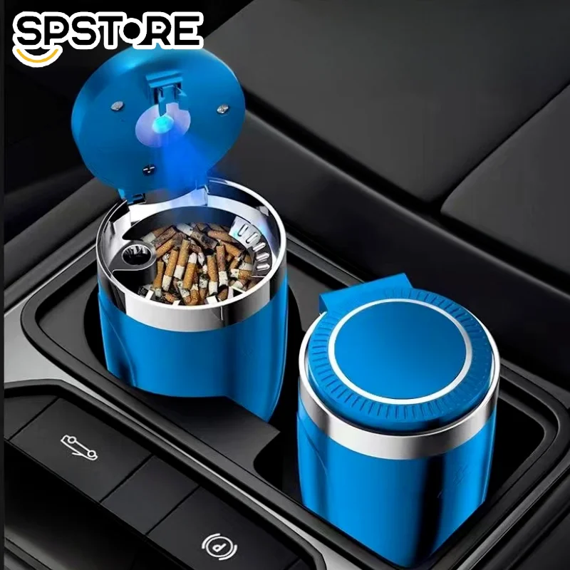 

For Auto Fireproof Shell One Touch Open Car Refit Ashtray with Lid Smell Proof Stainless Steel Blue Led Portable Ashtray Cup